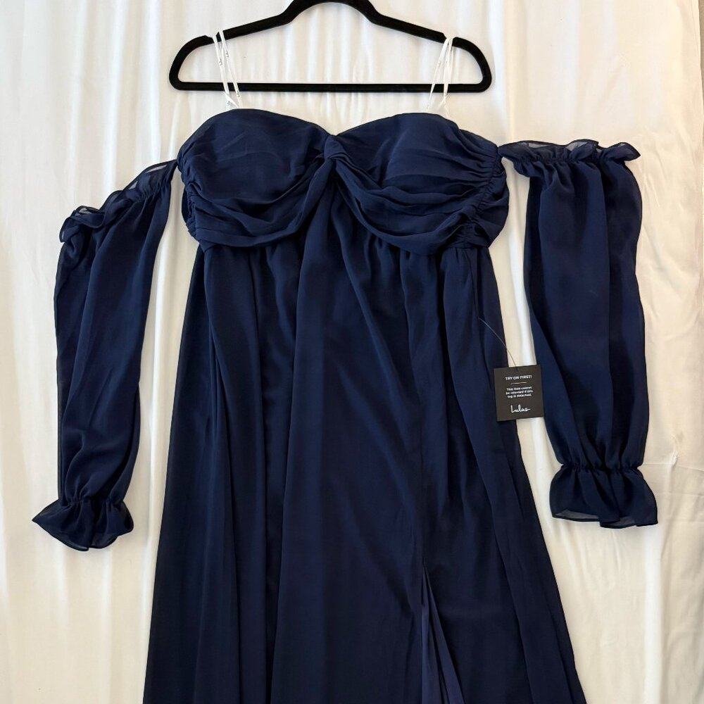 Lulu's Glorious Invite Navy Blue Knotted Off-the-Shoulder Maxi, XL - Picture 1 of 6